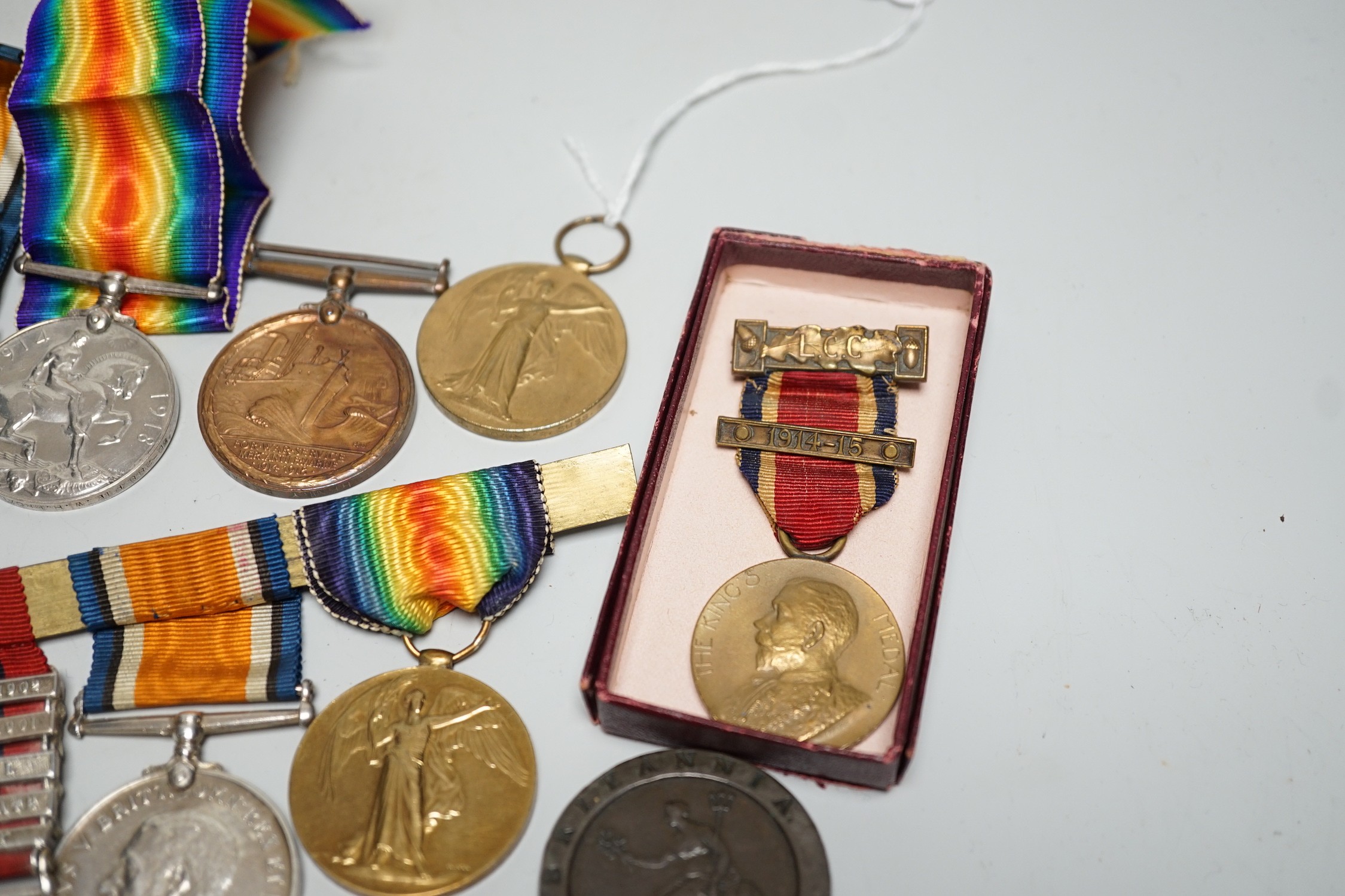 Two pairs of WWI medals awarded to 5761 SJT. A. E. GUNN. R. E. and SD-288 PTE. W. H. BROAD. R. SUSS. R. , another WWI medal to 553092 SPR. T. F. NEARY. R. E. , a South Africa medal with 5 bars to 5761 SAPPER A. E. GUNN.